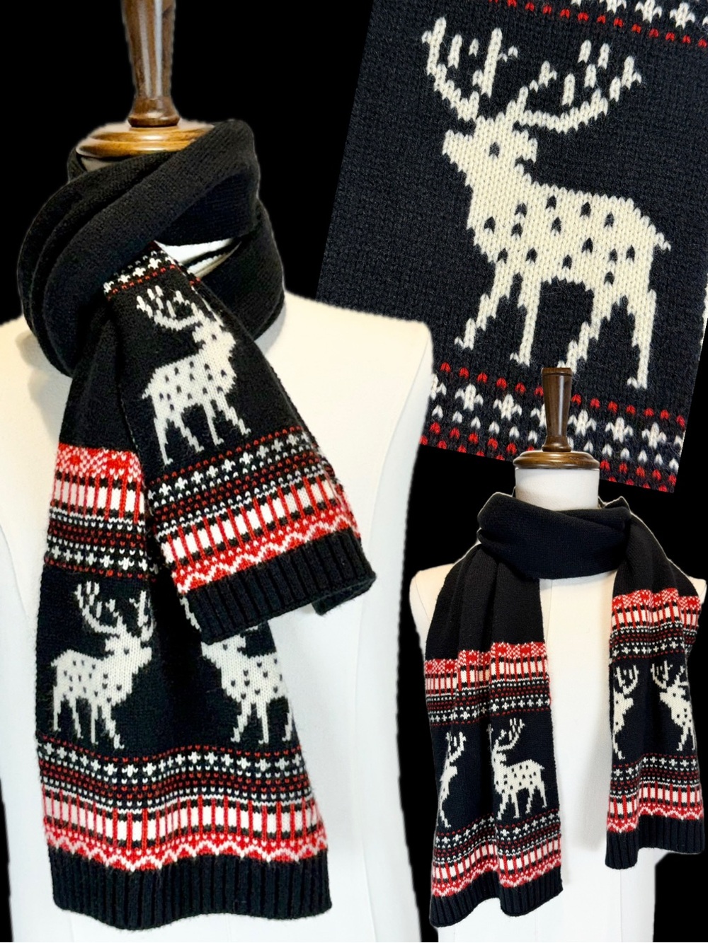 Deer elk fair isle winter scarf Nordic lodge north woods wide long knit sweater
